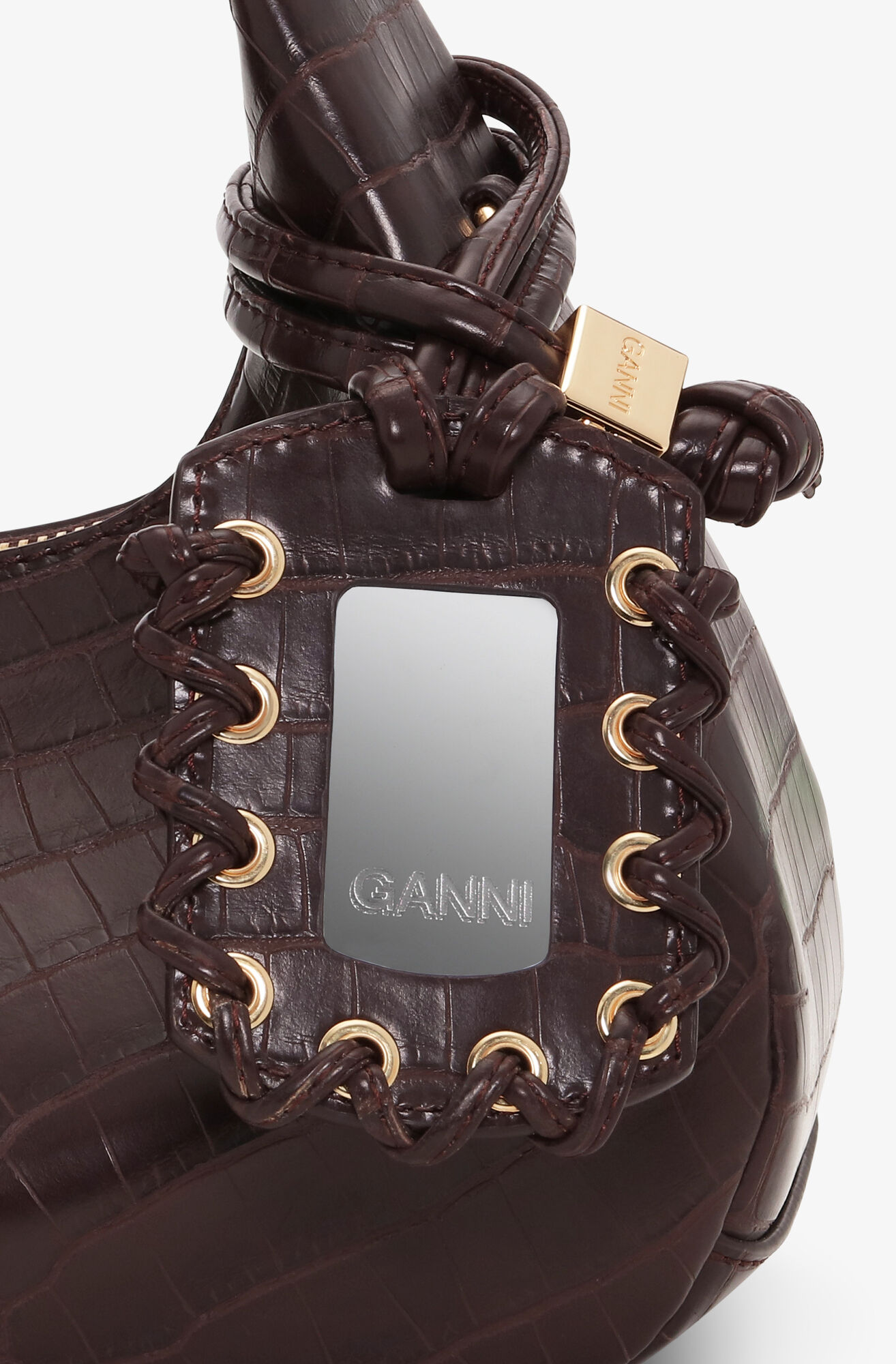 Brown Croco Mini Hobo Bag, Lyocell, in colour Chocolate Fondant - 5 - GANNI