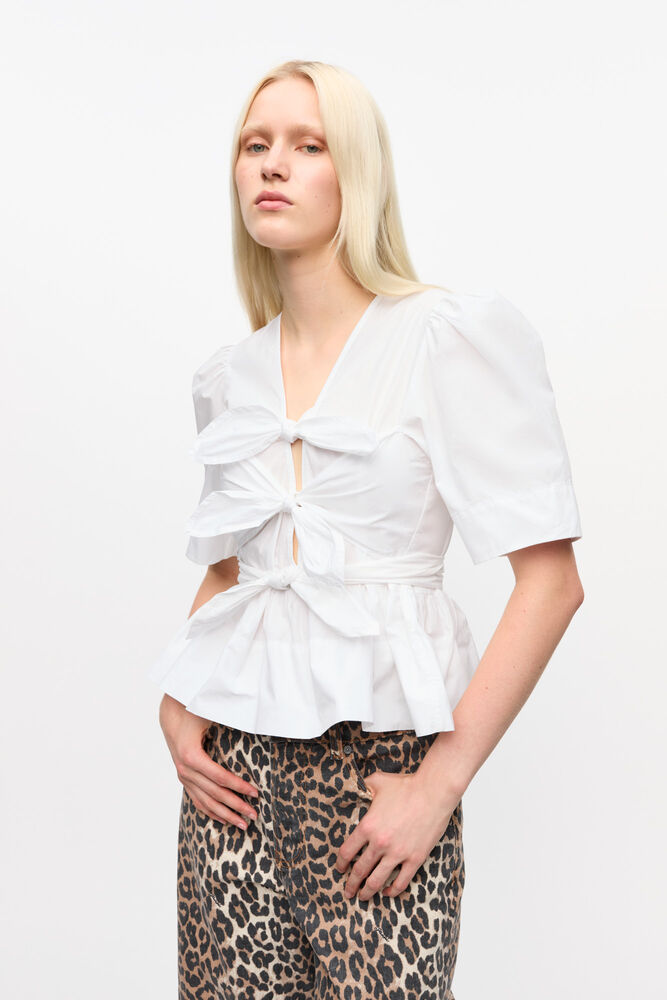 White Washed Stretch Cotton Tie Strap Blouse, Bright White