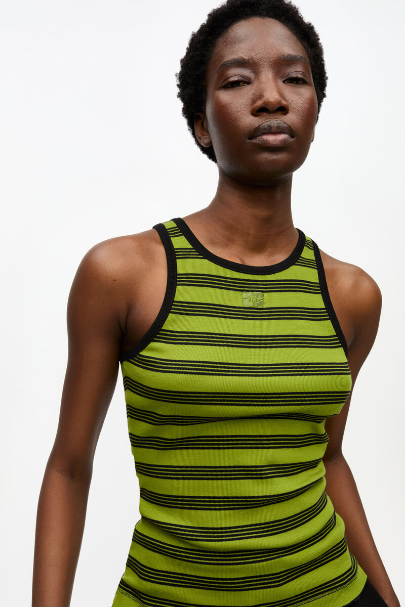 Striped Soft Cotton Rib Tank Top, Elastane, in colour Golden Cypress - 4 - GANNI