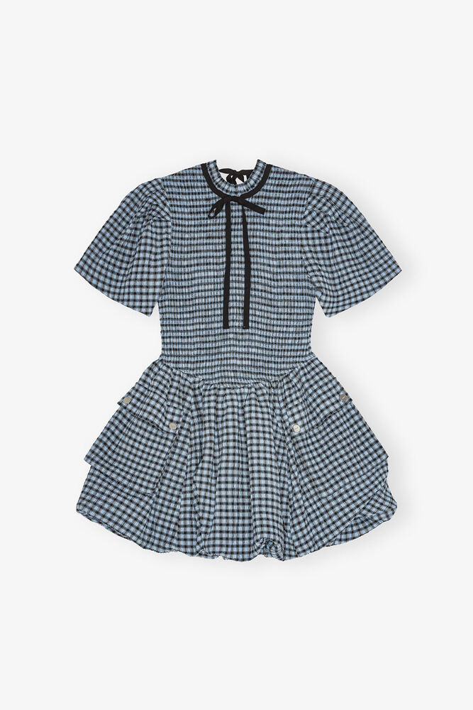 Blue Seersucker Check Mini Smock Dress, Soft Chambray