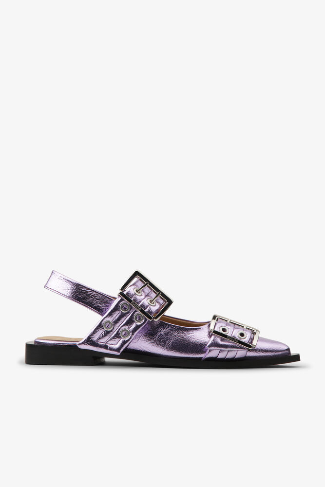 Pink Metallic Feminine Buckle Ballerinas, Pink Lavender