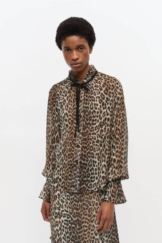 Leopard Print Chiffon Tie String Shirt, Leopard