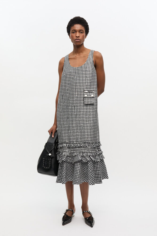 Crinkled Check Long Dress, Black