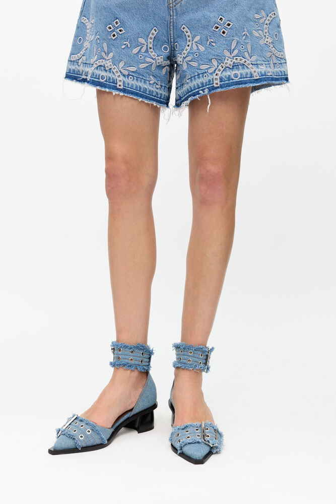 Blue Denim Feminine Buckle Open Cut Pumps, Faded Denim
