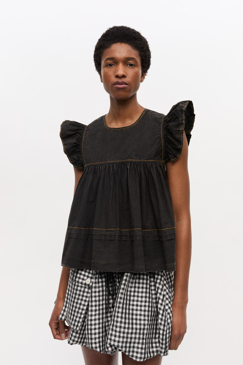 Black Washed Cotton Top, Cotton, in colour Black - 1 - GANNI