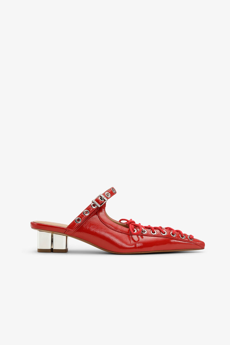 Red Lace-Up Mules, Polyurethane, in colour Racing Red - 1 - GANNI
