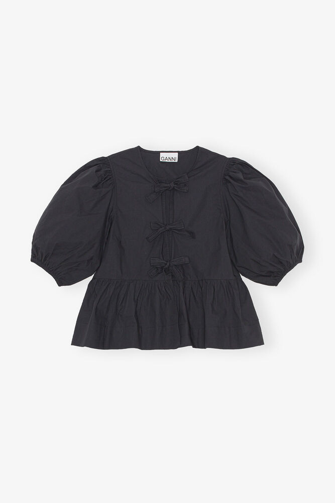 Cotton Poplin Peplum Tie Blouse, Black