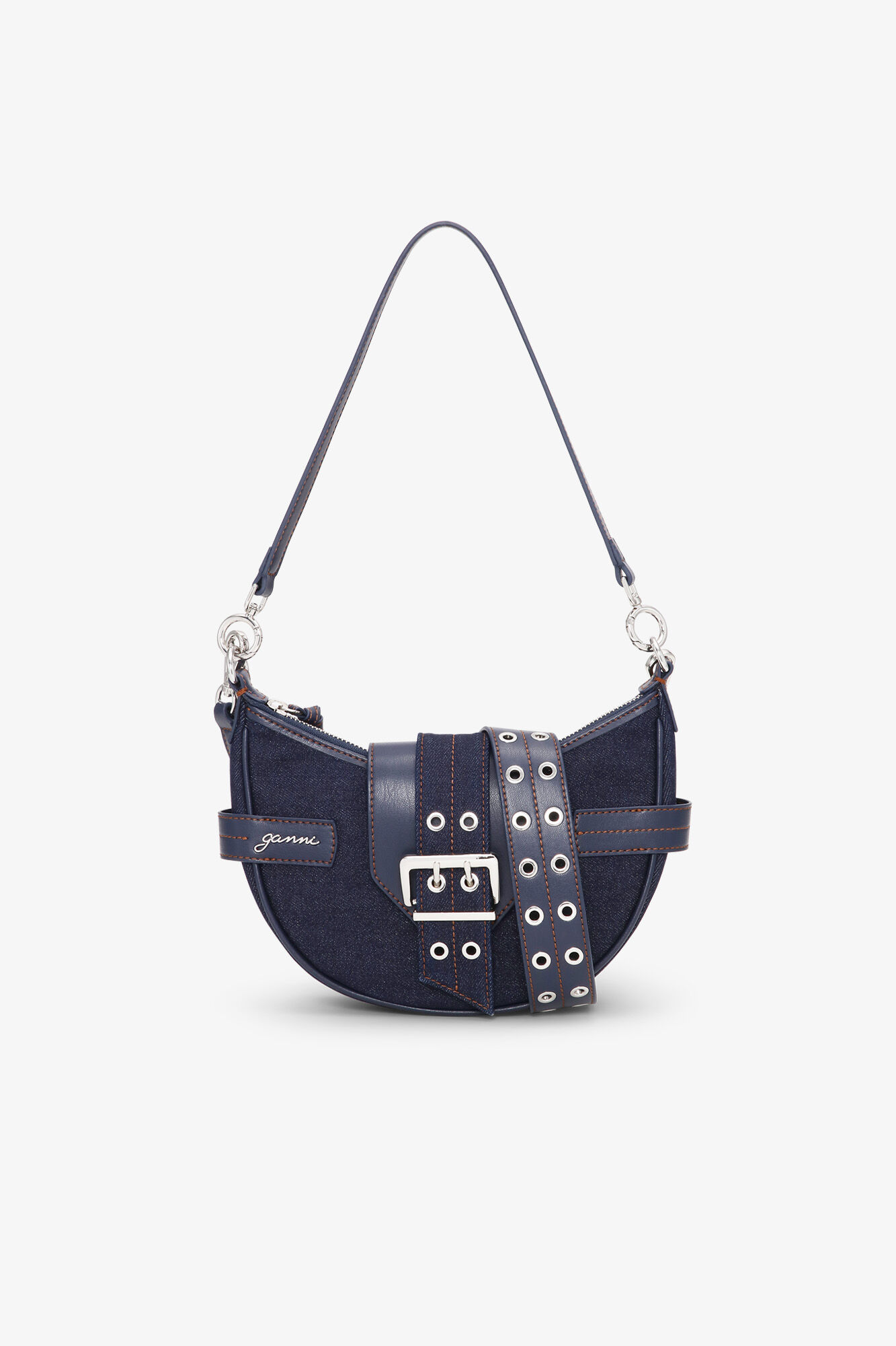 Dark Blue Denim Small Bucky Crossbody Bag, Recycled Cotton, in colour Dark Navy - 1 - GANNI