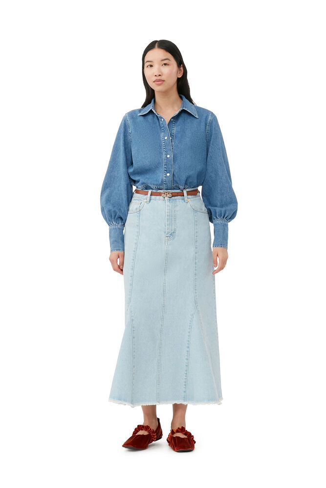 Bleach Denim Peplum Midi Skirt, Light Blue Stone