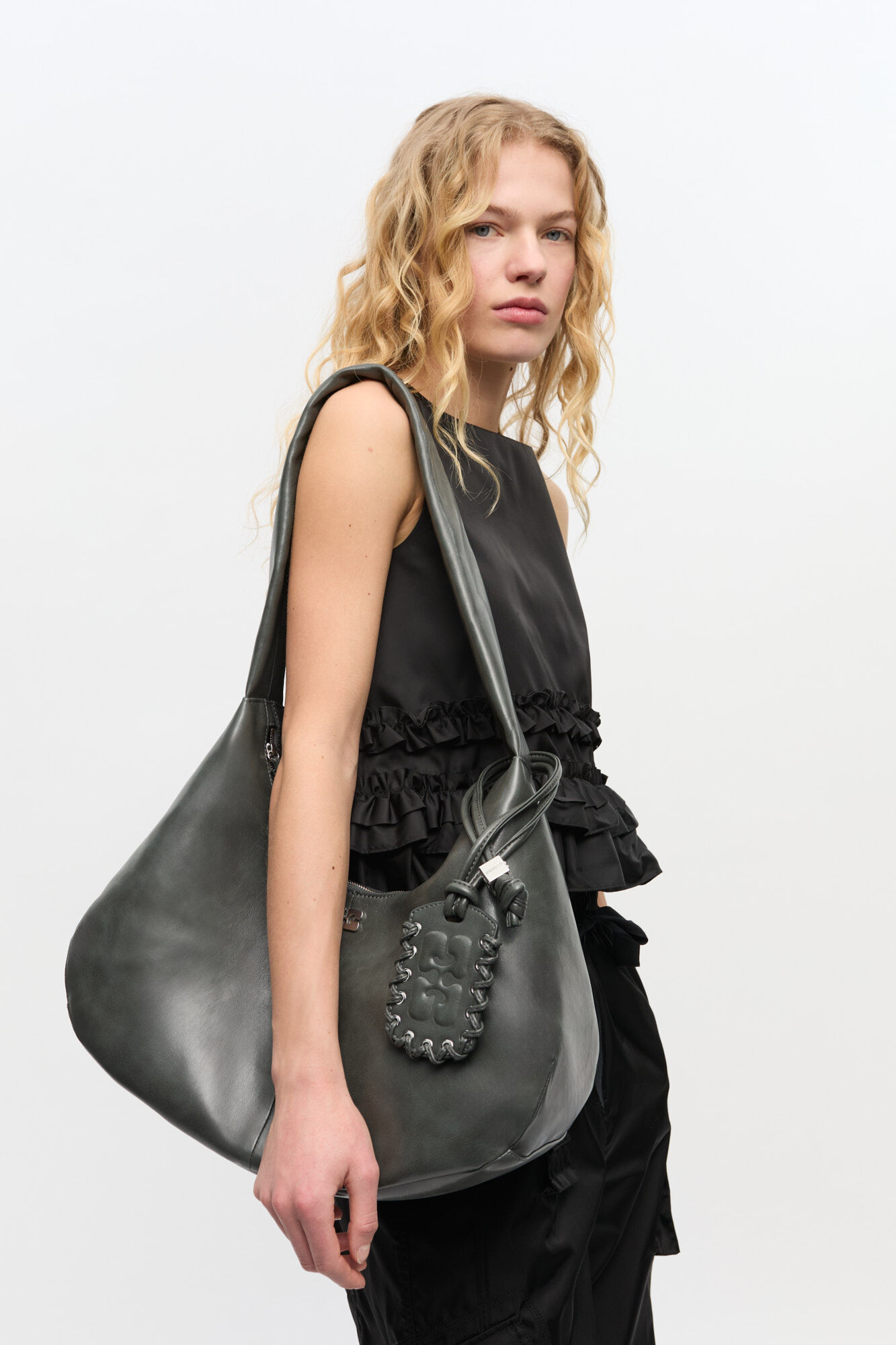 Dark Grey Medium Hobo Bag, Lyocell, in colour Steal Grey - 2 - GANNI