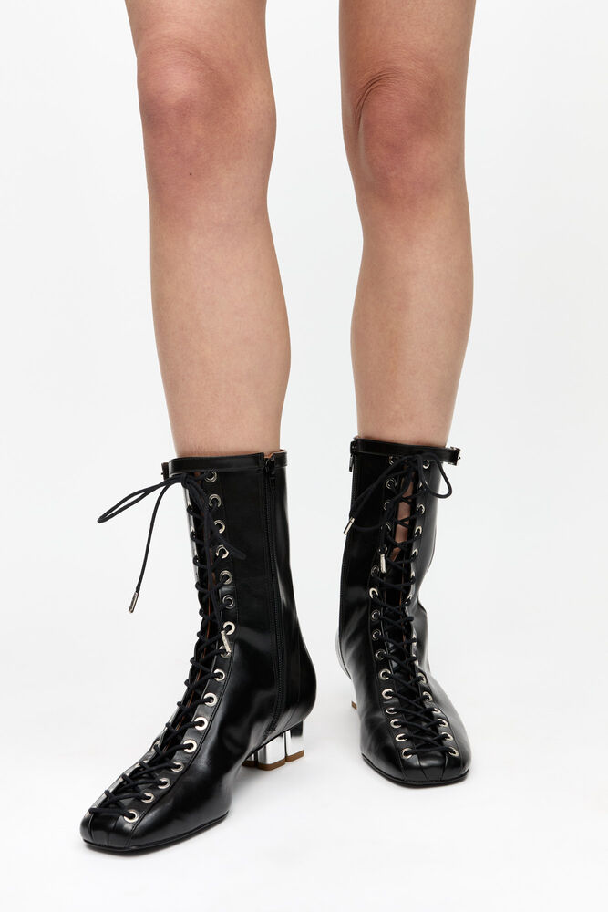 Black Oleatex Eyelets Lace-Up Ankle Boots, Black