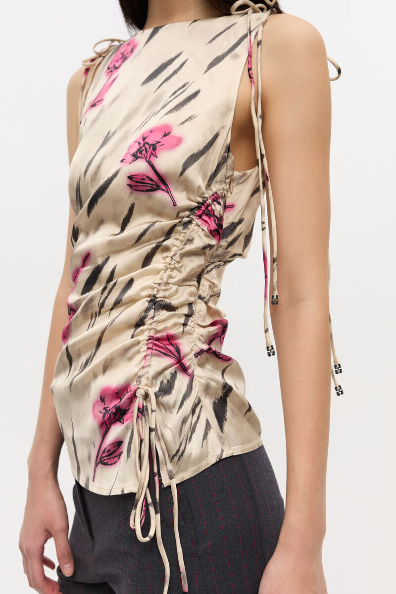 Floral Satin Top, Elastane, in colour Egret - 3 - GANNI