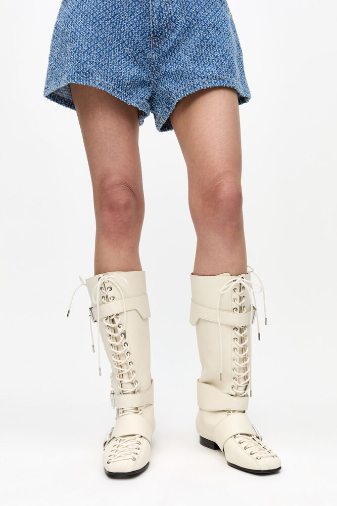 Ivory Lace-Up High Boots, Egret