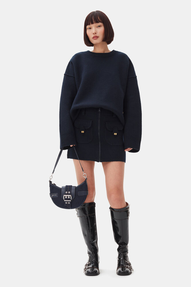 Dark Blue Denim Small Bucky Crossbody Bag, Dark Navy