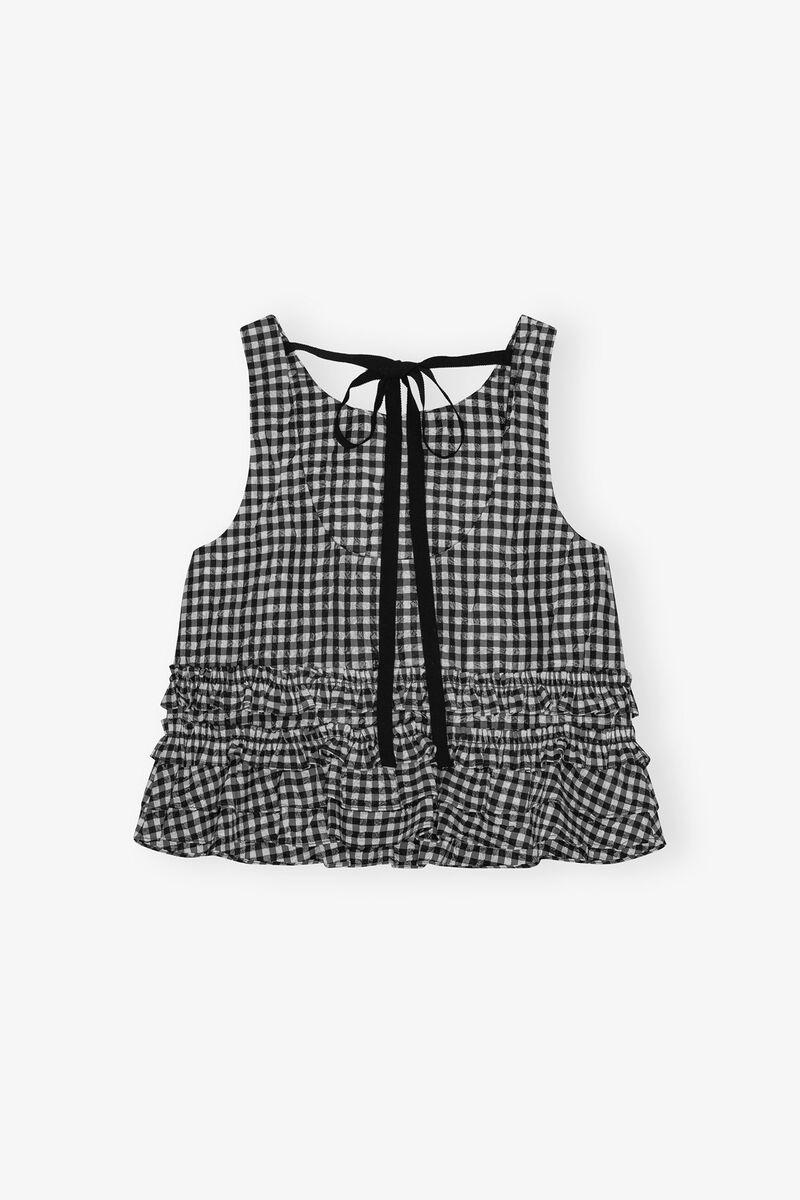 Crinkled Check Frill Top, Recycled Polyester, in colour Black - 2 - GANNI