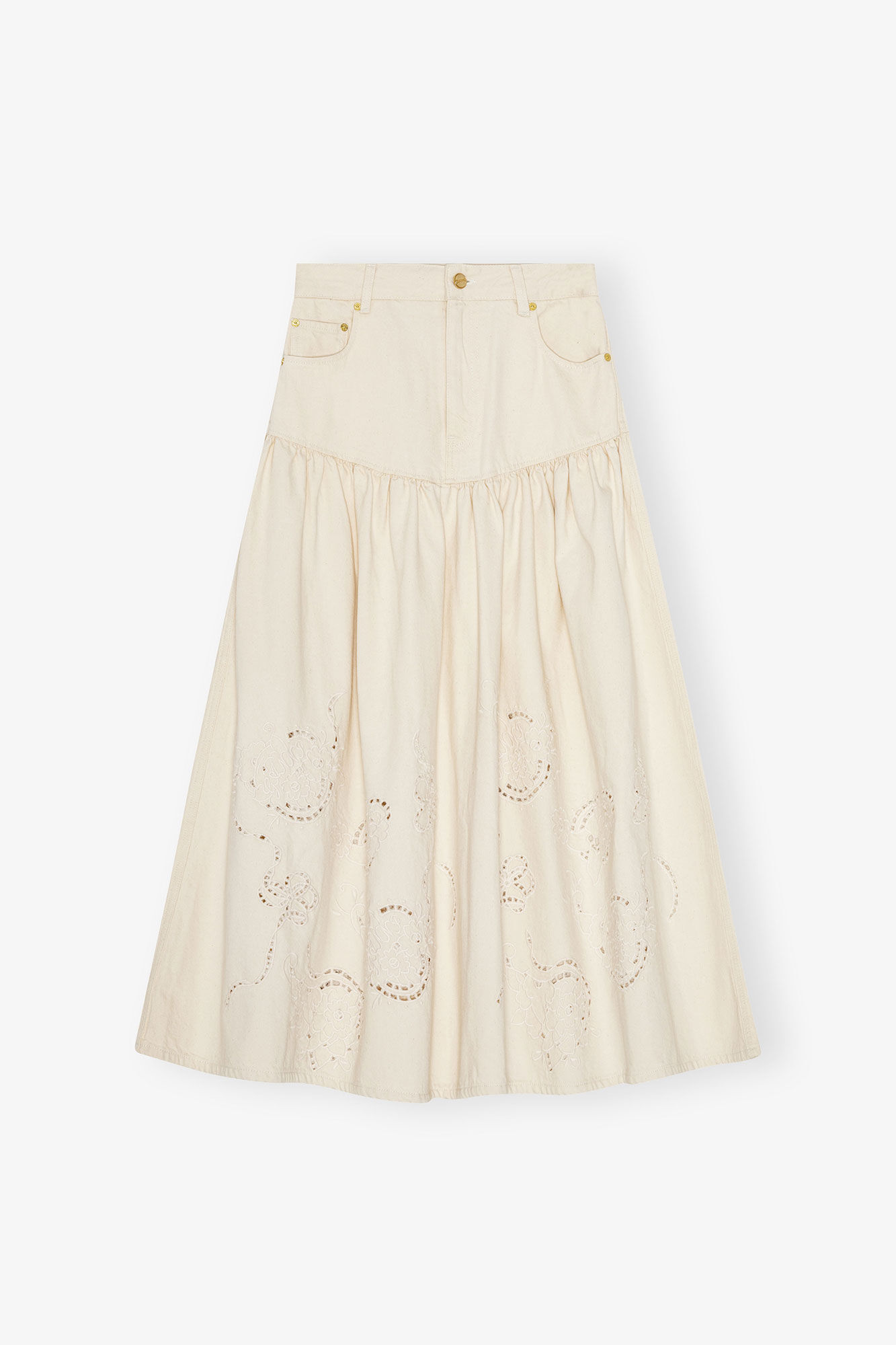 Broderie Anglaise Denim Skirt, Cotton, in colour Egret - 1 - GANNI
