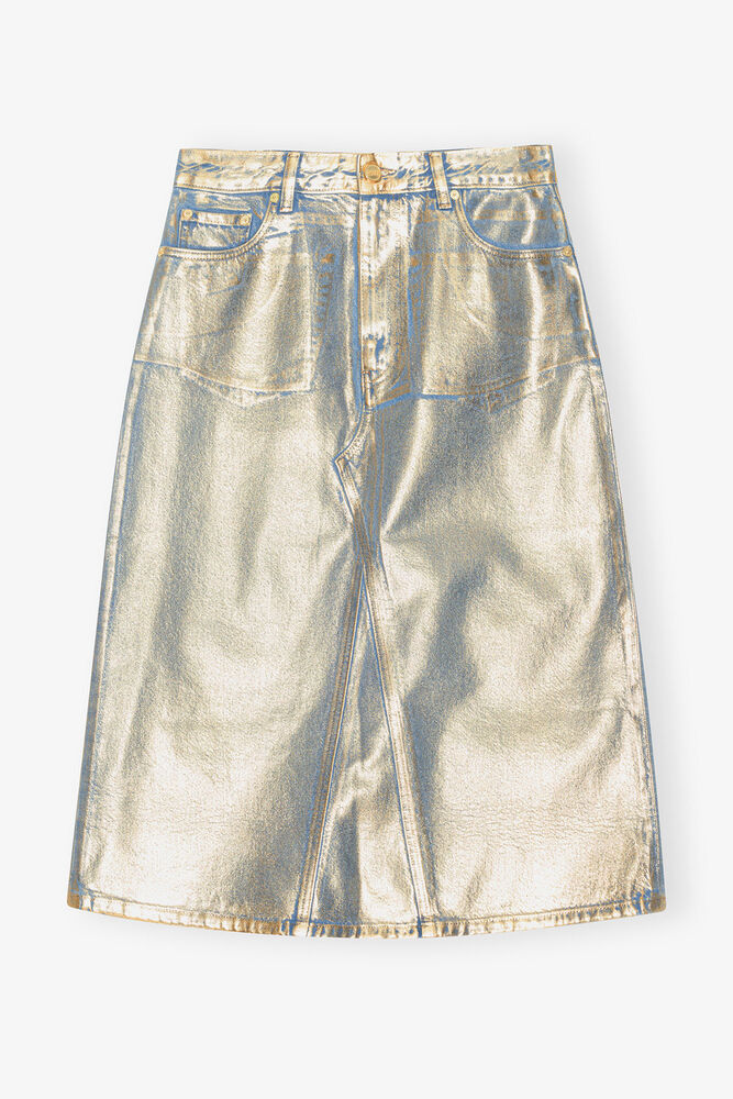Gold Denim Midi Skirt, Gold