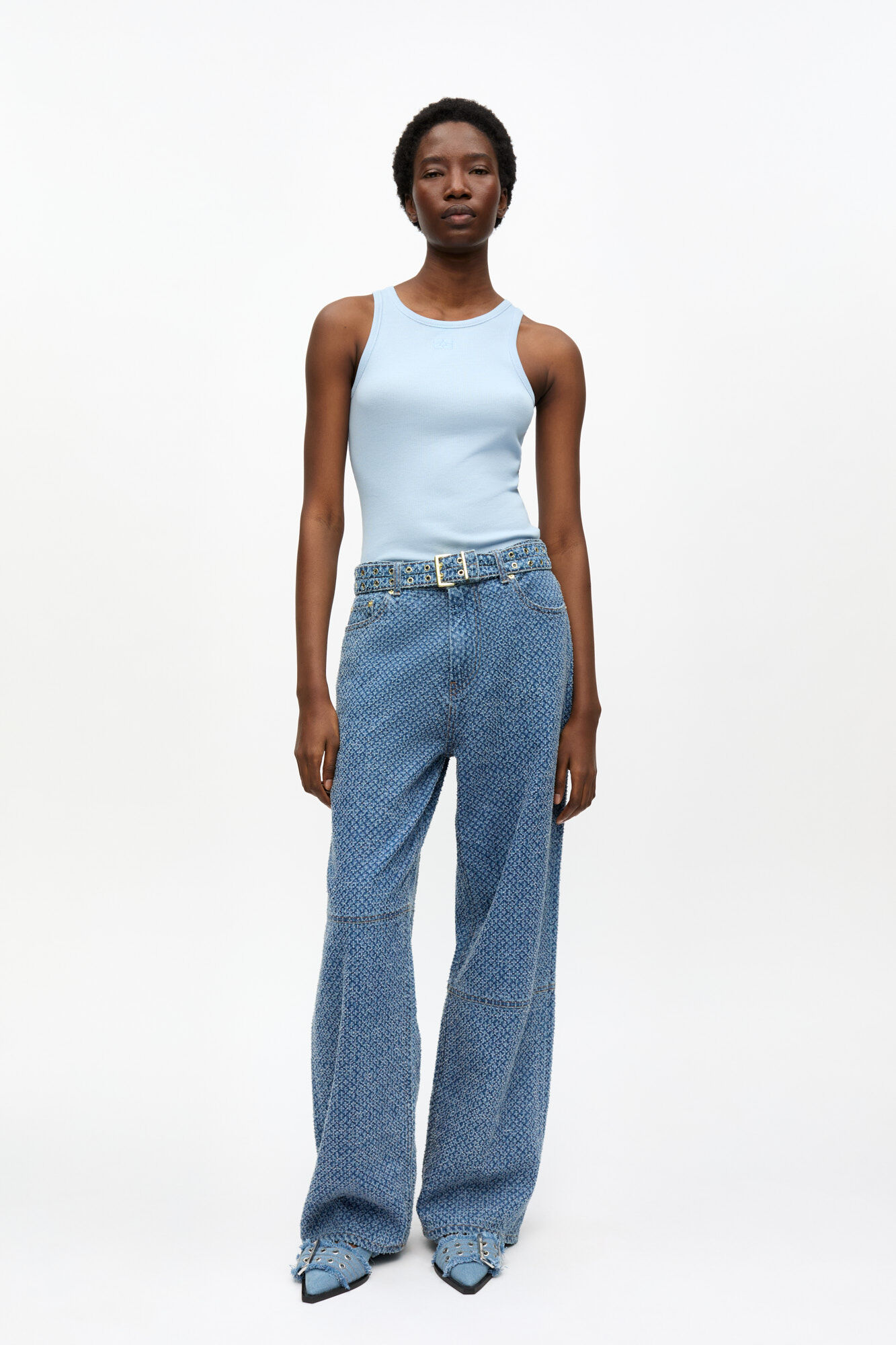 Blue Textured Izey Jeans, Cotton, in colour Mid Blue Stone - 1 - GANNI