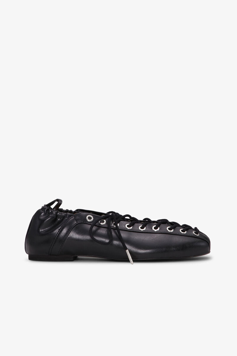 Black Oleatex Lace-Up Ballerinas, Cotton, in colour Black - 1 - GANNI