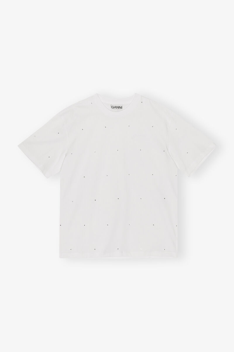 White Heavy Cotton Drop Shoulder Rhinestone T-shirt, Cotton, in colour Bright White - 1 - GANNI