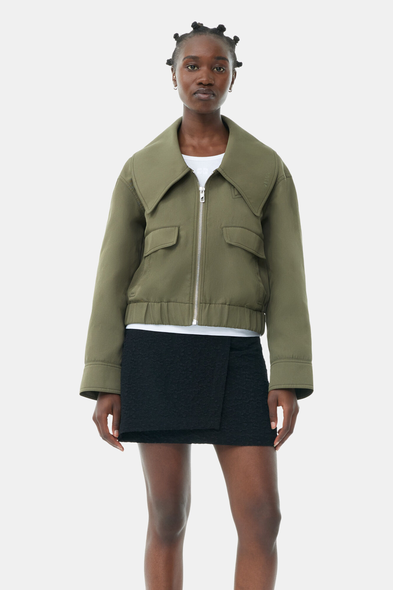 Green Heavy Twill Wide Collar Short Jacket, Recycled Polyester, in colour Kalamata - 1 - GANNI