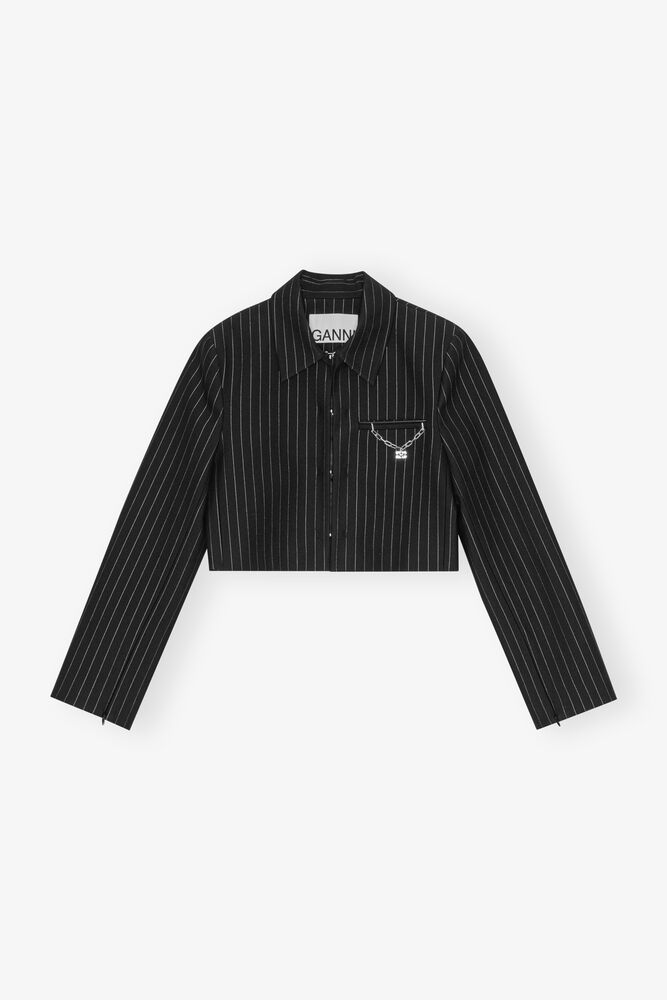 Black Pinstriped Cropped Blazer, Black