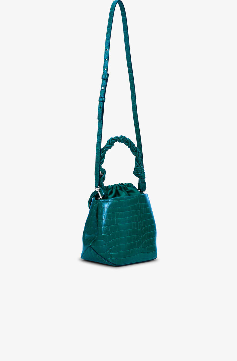 Green Patent Croco Bou Bucket Bag, Lyocell, in colour Pineneedle - 2 - GANNI