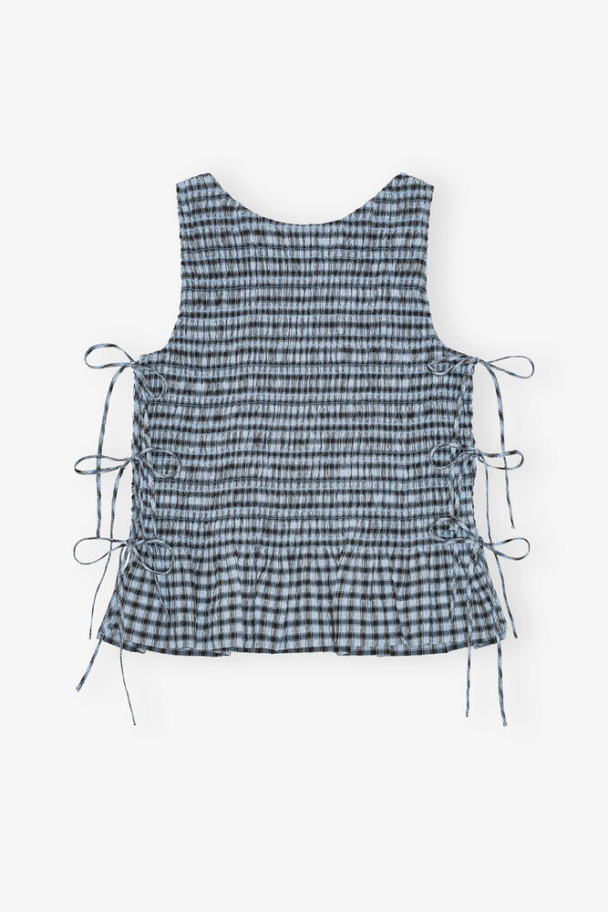 Blue Seersucker Check Smock Tie String Top, Soft Chambray
