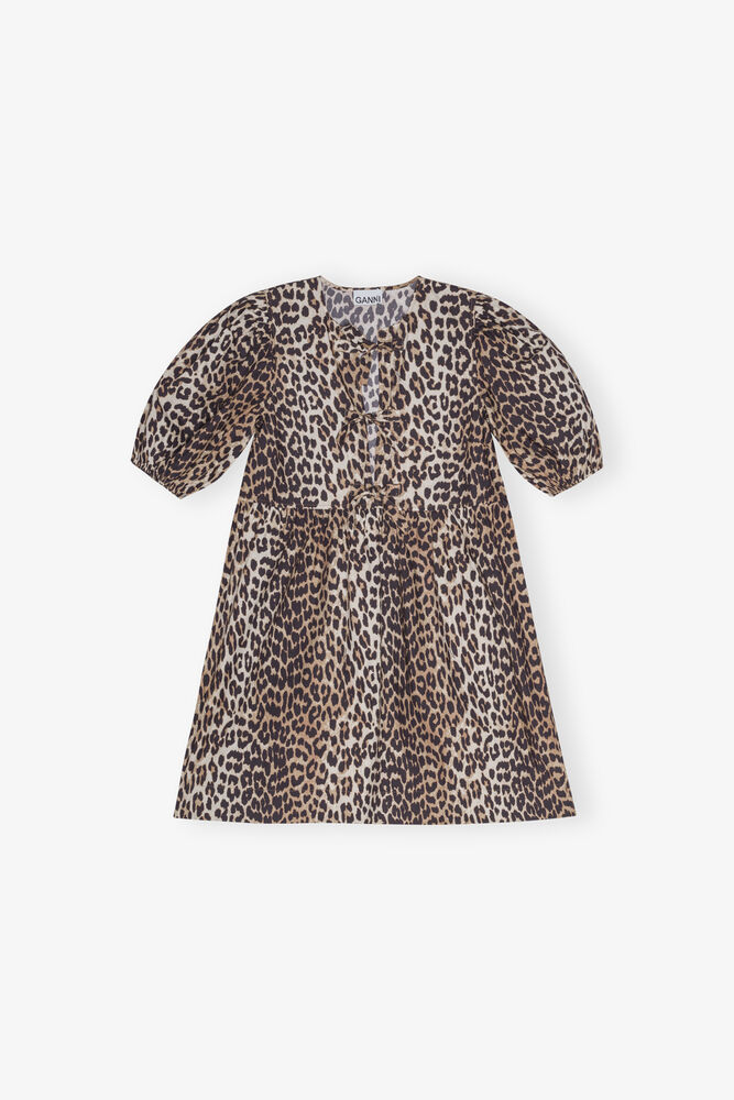 Leopard Printed Cotton Tie String Mini Dress, Leopard