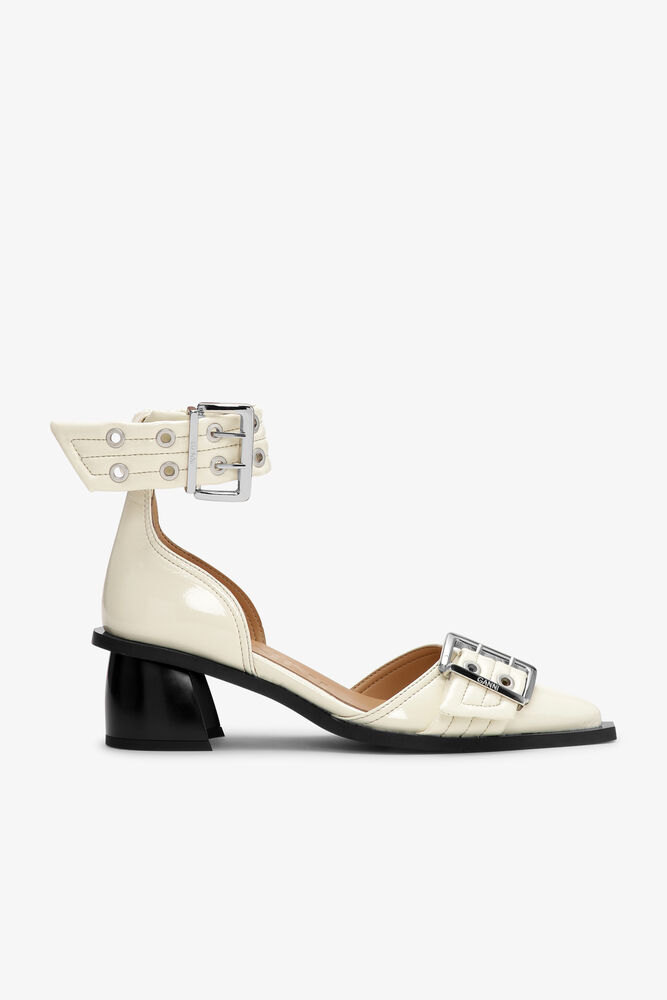 Ivory Feminine Buckle Open Cut Pumps, Egret