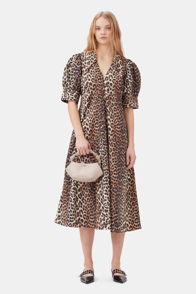 Leopard Cotton Poplin V-neck Maxi Dress, Leopard