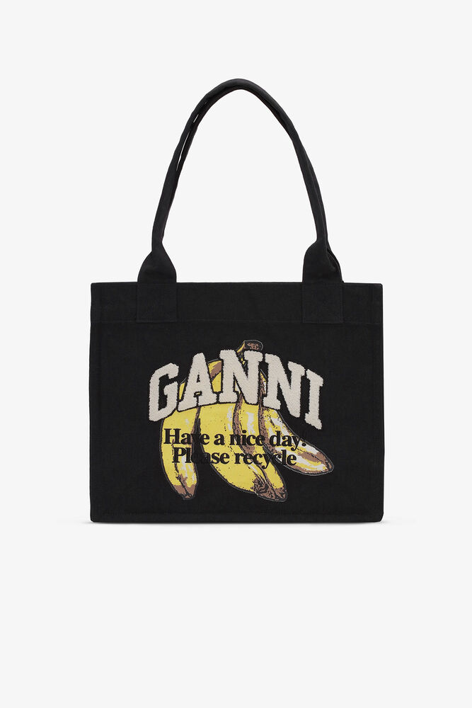 Black Large Banana Print Tote, Black