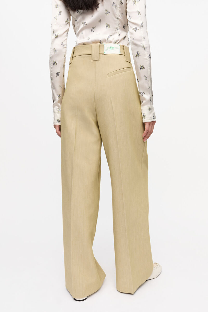 Beige Twill Suiting Mid Waist Pants, Elastane, in colour Boa - 3 - GANNI