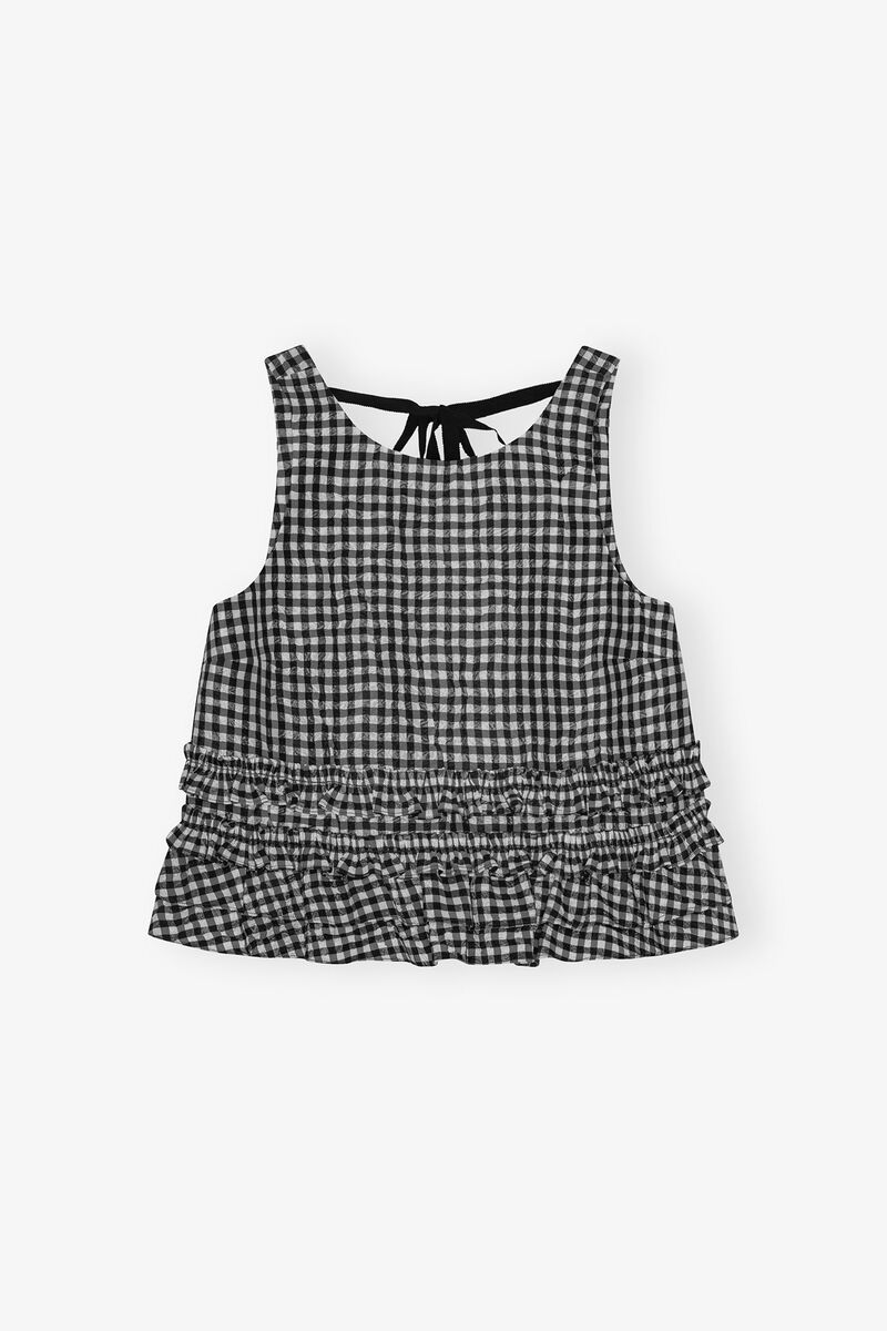 Crinkled Check Frill Top, Recycled Polyester, in colour Black - 1 - GANNI