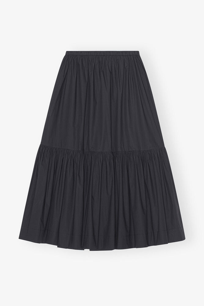 Cotton Poplin Maxi Flounce Skirt, Black