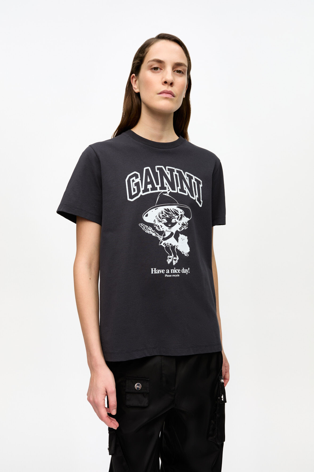 Black Basic Cotton Witch Relaxed T-shirt, Cotton, in colour Phantom - 1 - GANNI