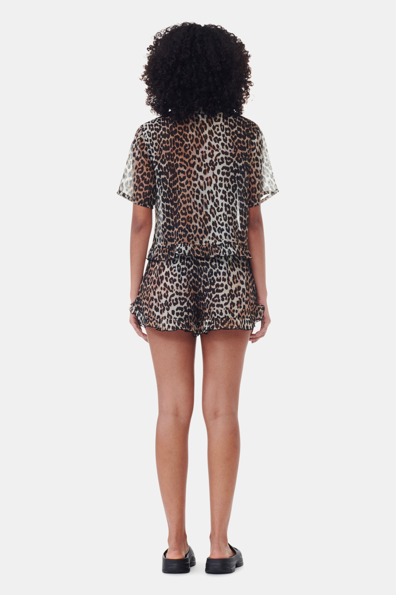 Leopard Printed Chiffon Ruffle Shorts, Recycled Polyester, in colour Leopard - 3 - GANNI