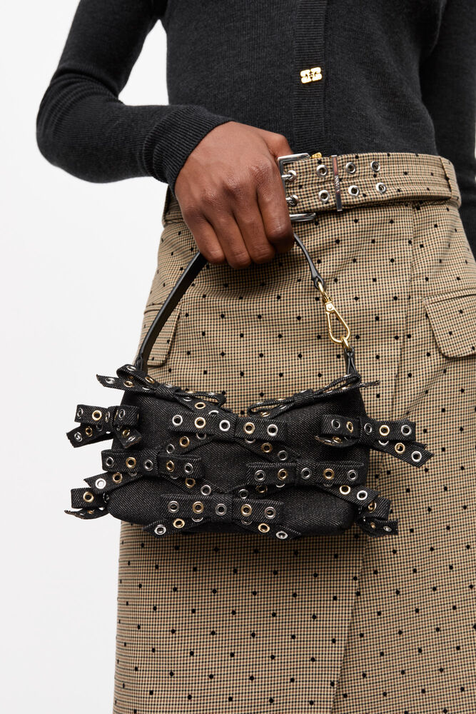 Black Denim Small Butterfly Pouch Bow Bag, Black