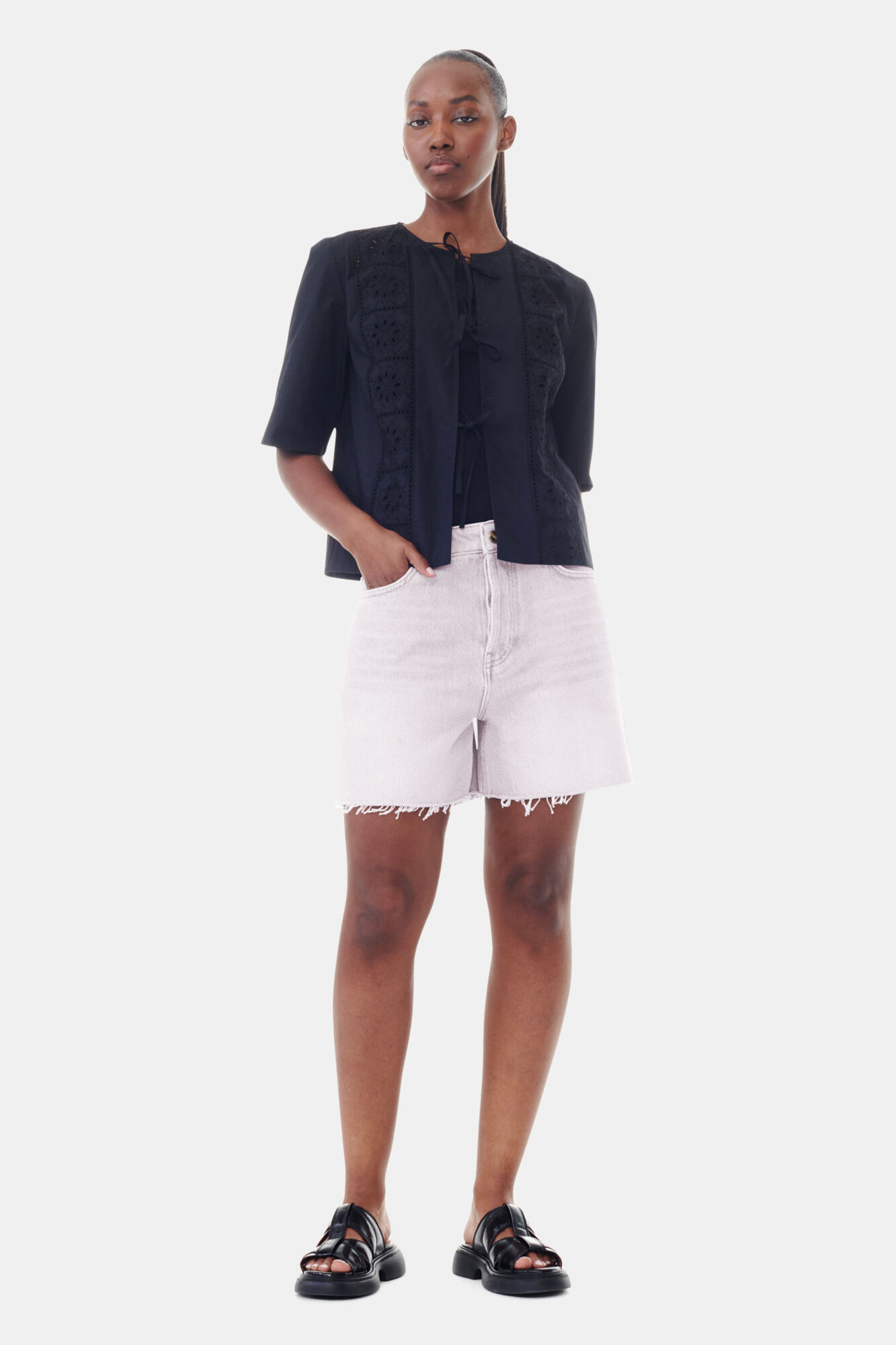 Light Pink Denim Shorts, Cotton, in colour Mauve Chalk - 1 - GANNI