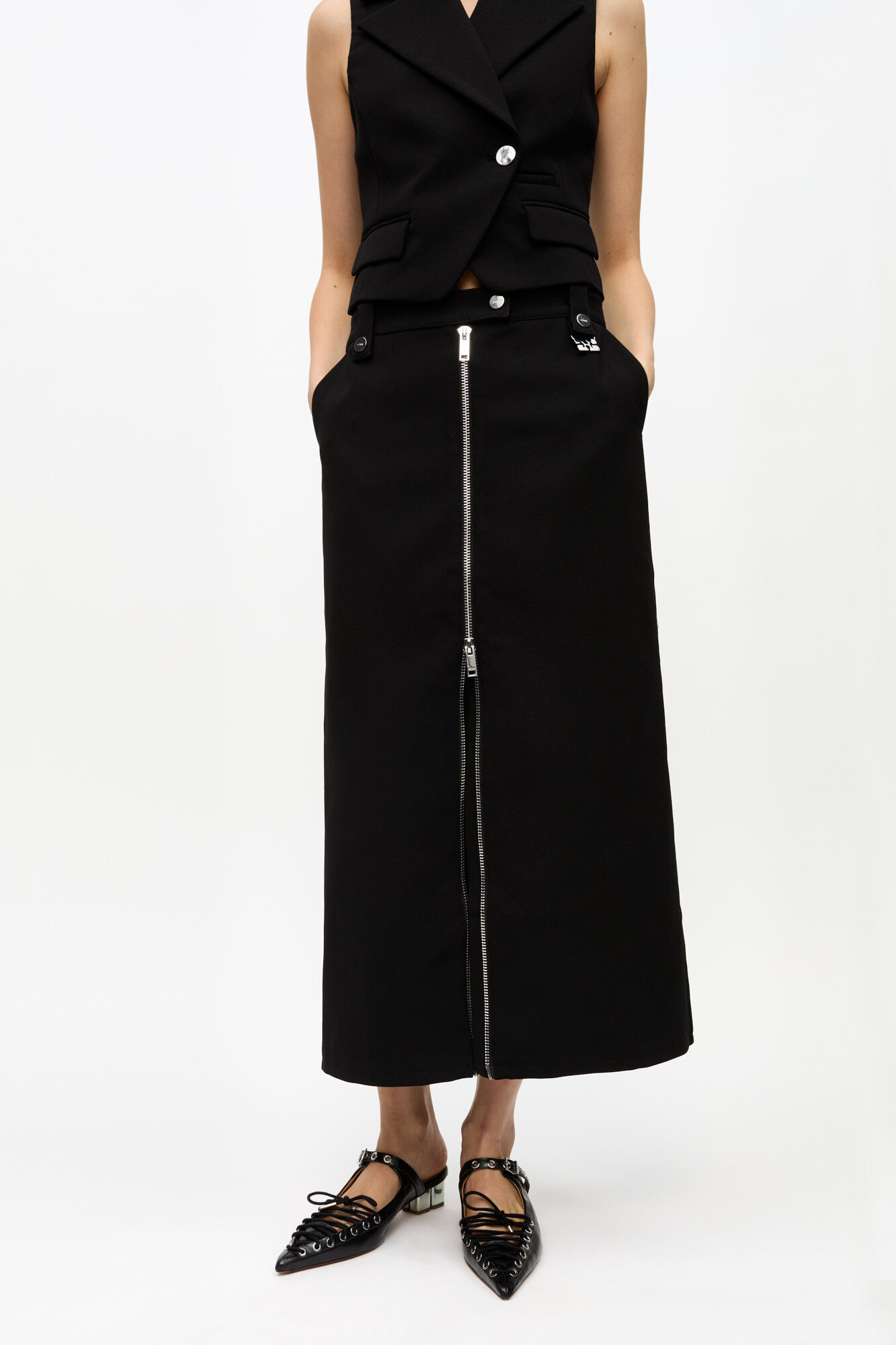 Black Bonded Crepe Skirt, Recycled Polyester, in colour Black - 2 - GANNI
