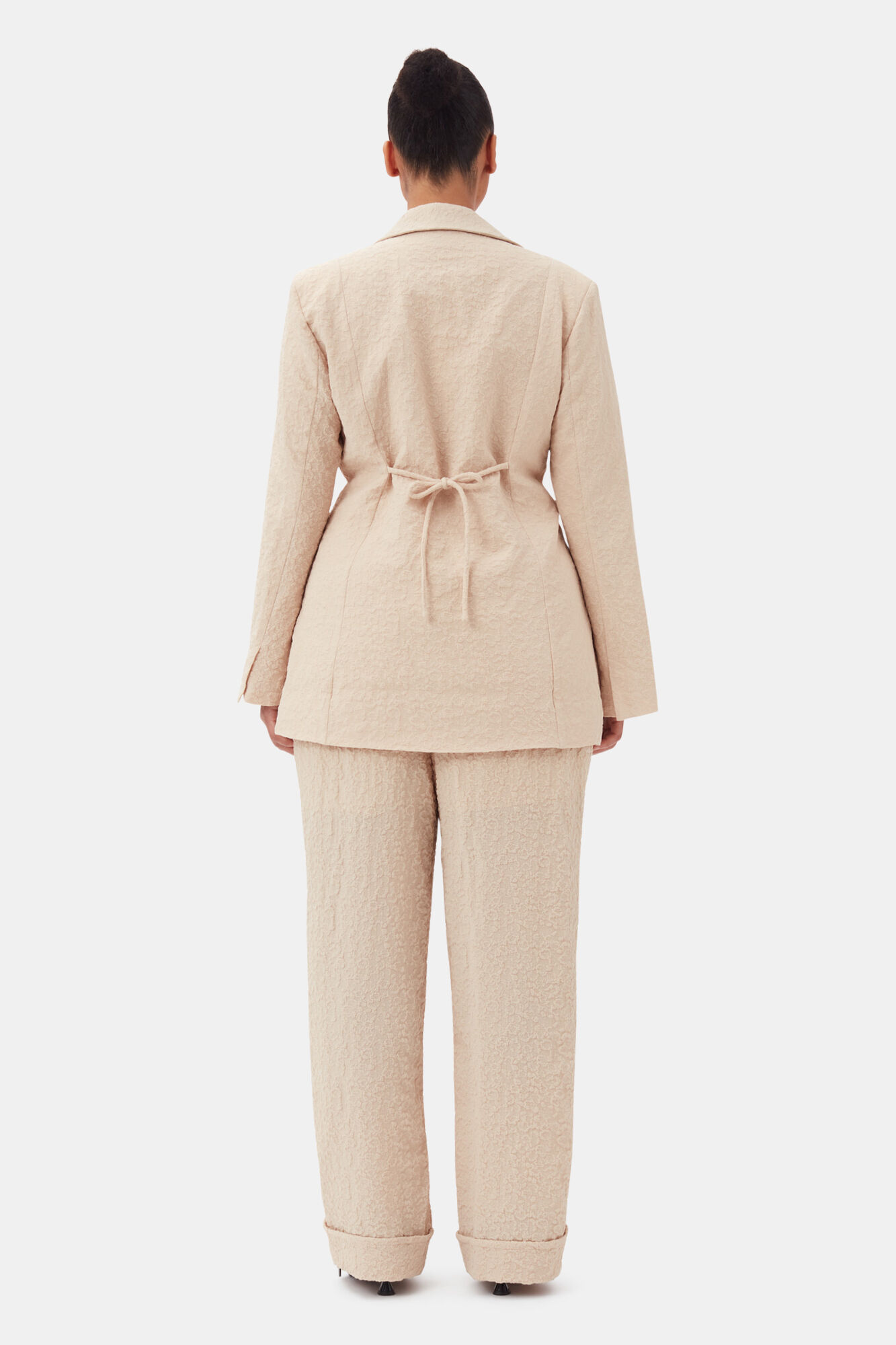 Beige Textured Suiting Tie String Blazer, Polyester, in colour Oyster Gray - 8 - GANNI