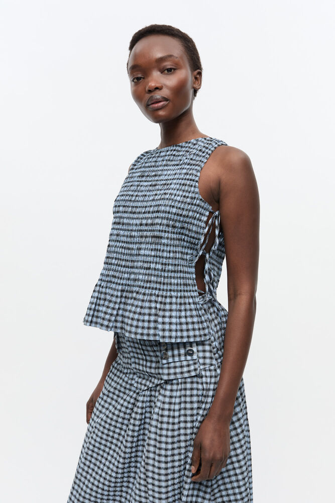 Blue Seersucker Check Smock Tie String Top, Soft Chambray