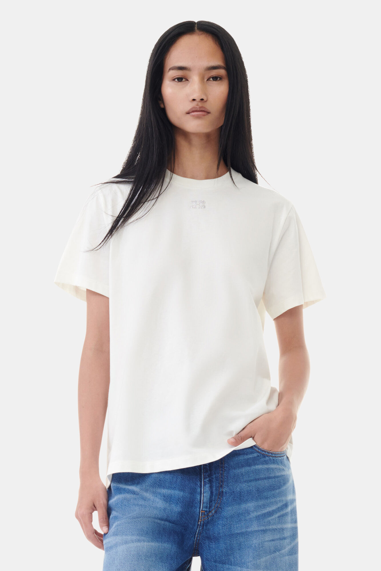 White Basic Jersey Rhinestone Relaxed T-shirt, Cotton, in colour Egret - 1 - GANNI