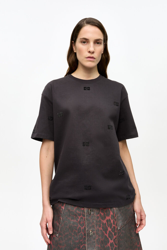 Black Cotton Rhinestone T-shirt, Phantom