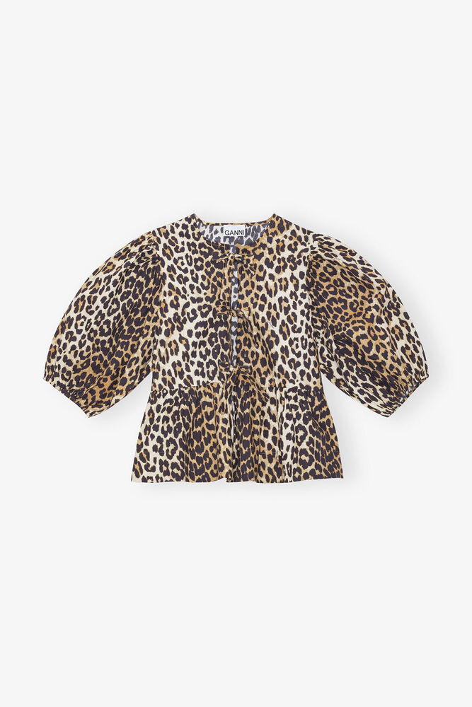 Leopard Cotton Poplin Peplum Tie Blouse, Leopard