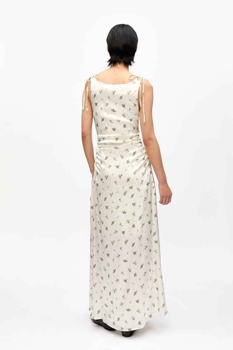 White Satin Gathered Dress, Elastane, in colour Egret - 2 - GANNI
