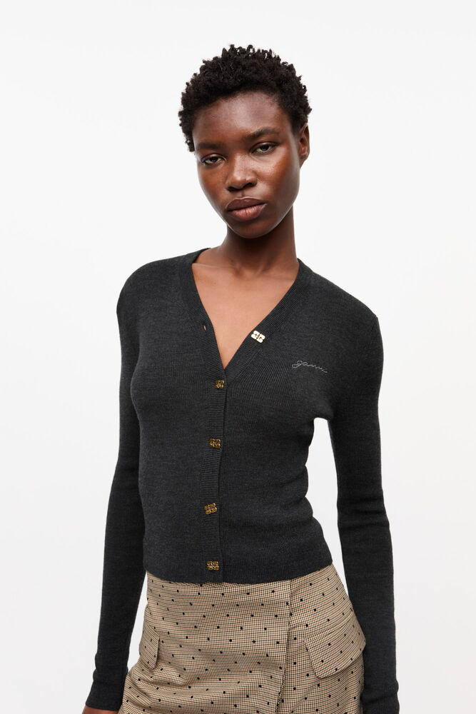 Black Mini Ribbed Merino Cardigan, Phantom