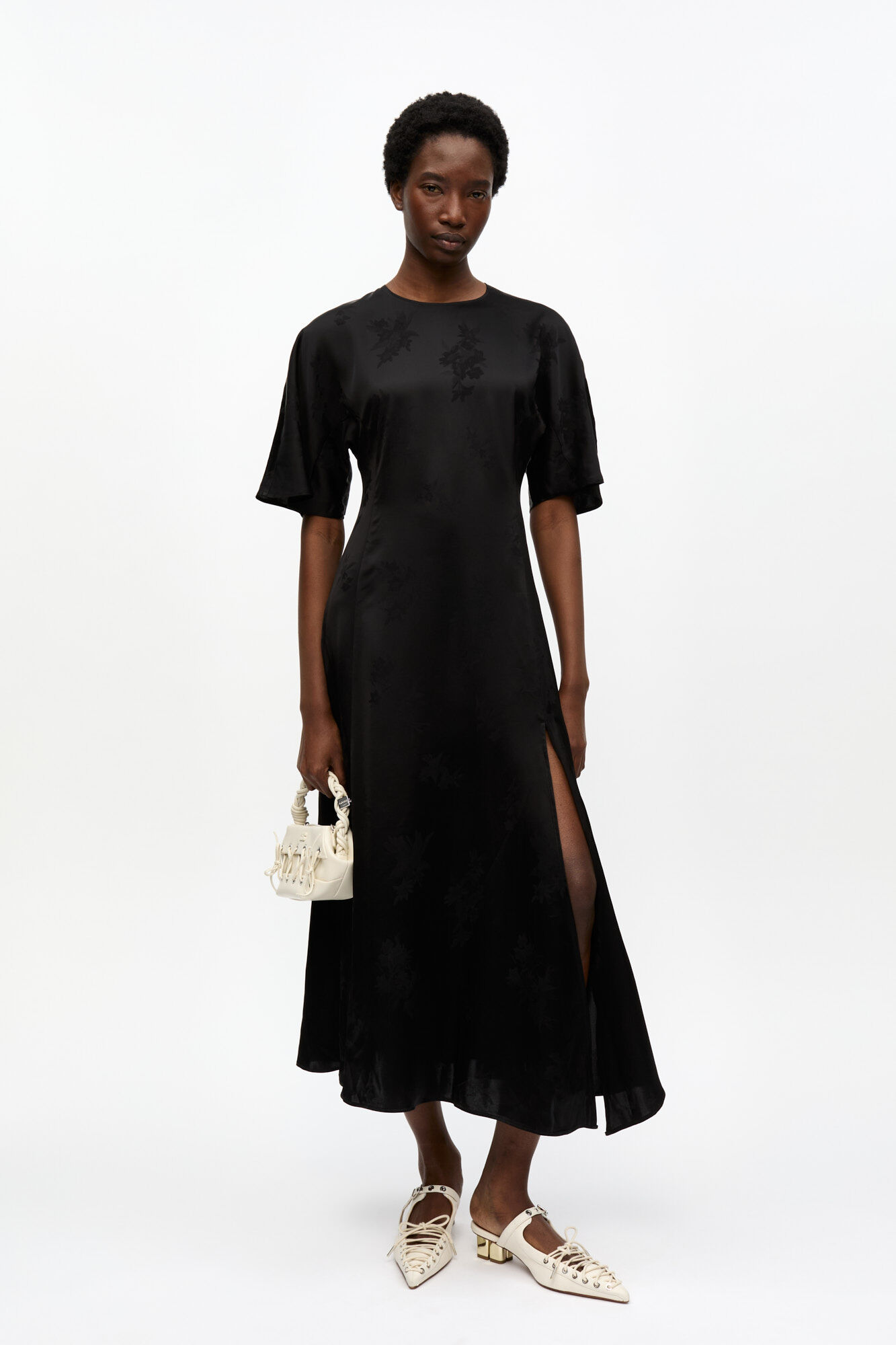 Black Fluid Satin Jacquard Slit Dress, Acetate, in colour Black - 1 - GANNI