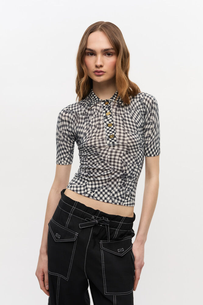 Black Sheer Cotton Printed Polo Shirt, Black