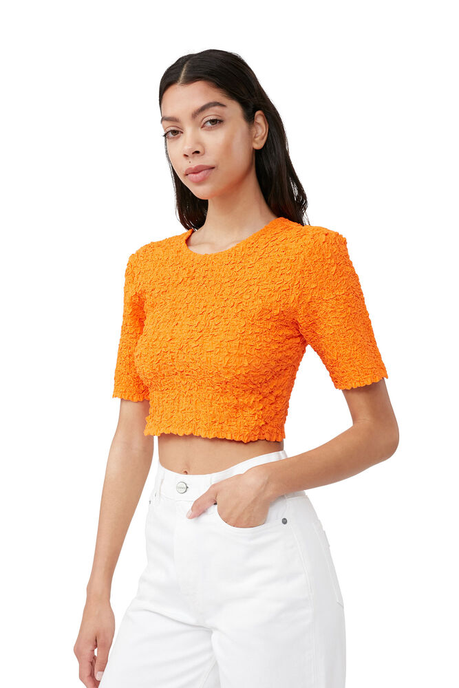 Orange Cotton Poplin Cropped Smock Top, Vibrant Orange